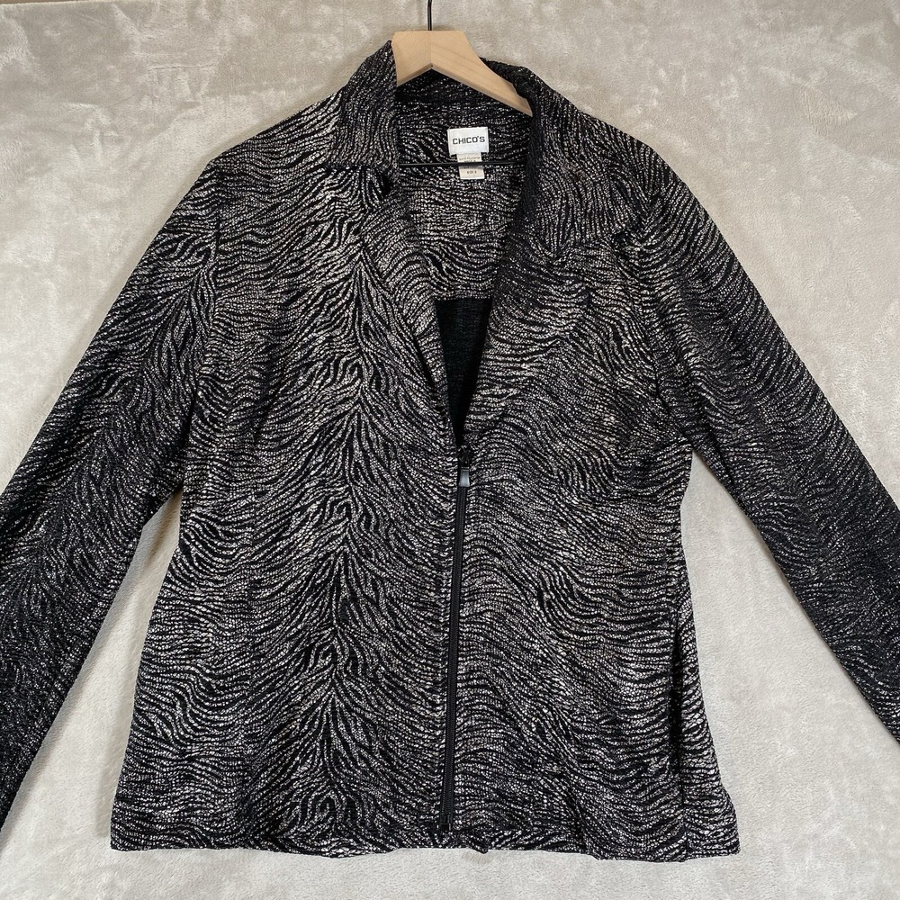 Chicos Jacket‎ Size 2 Black Silver Zip Up Zebra Print